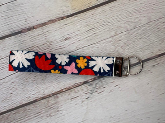 Key Fob Wristlet Dark Blue with white daisies