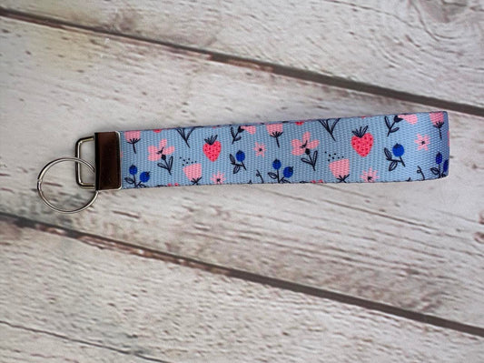 Key Fob Wristlet Blue Floral